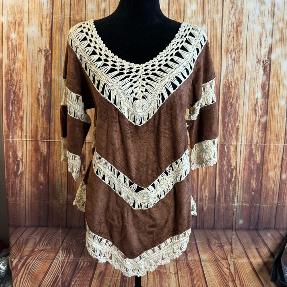Geegee Women’s 3/4 Sleeve V Neck Brown Crochet Boho Top Blouse Size Medium